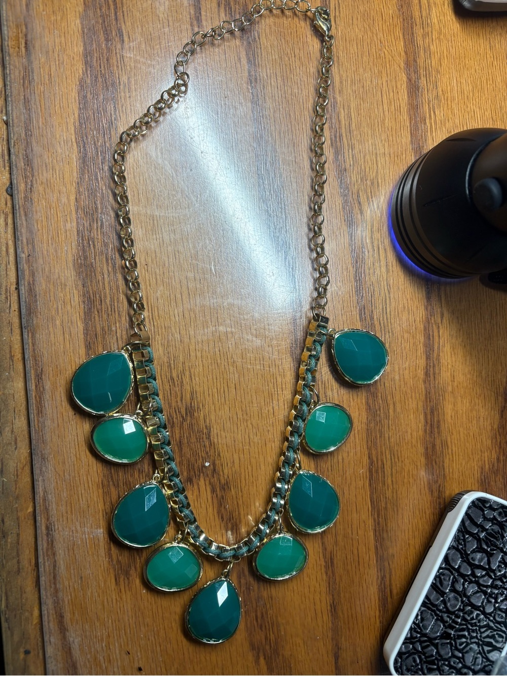 Gold Chain Teardrop Necklace with Green acrylic 11 3/4 inches